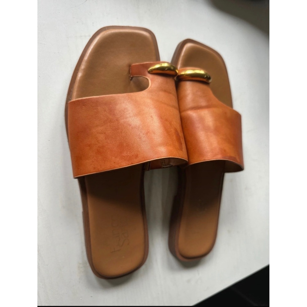 Franco Sarto Marzio Cognac Tan Square Toe Loop Slide Sandals Gold Hardware 8.5M